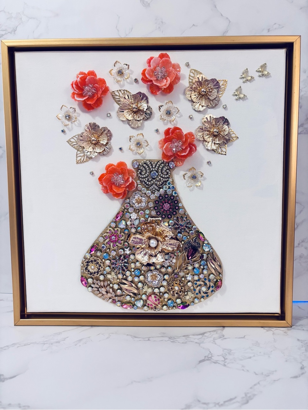 Gold-Framed Mixed Media Floral Vase Wall Art with Coral Accents